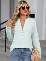 Striped Notched Long Sleeve T-Shirt - Trendsi - Flyclothing LLC