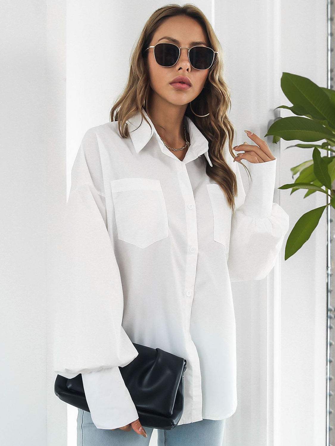 Button Up Dropped Shoulder Lantern Sleeve Shirt - Trendsi - Flyclothing LLC