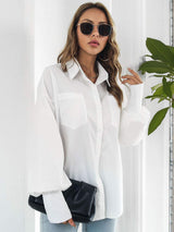 Button Up Dropped Shoulder Lantern Sleeve Shirt - Trendsi - Flyclothing LLC