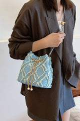 Chain Drawstring Raw Edge Denim Bucket Bag - Trendsi
