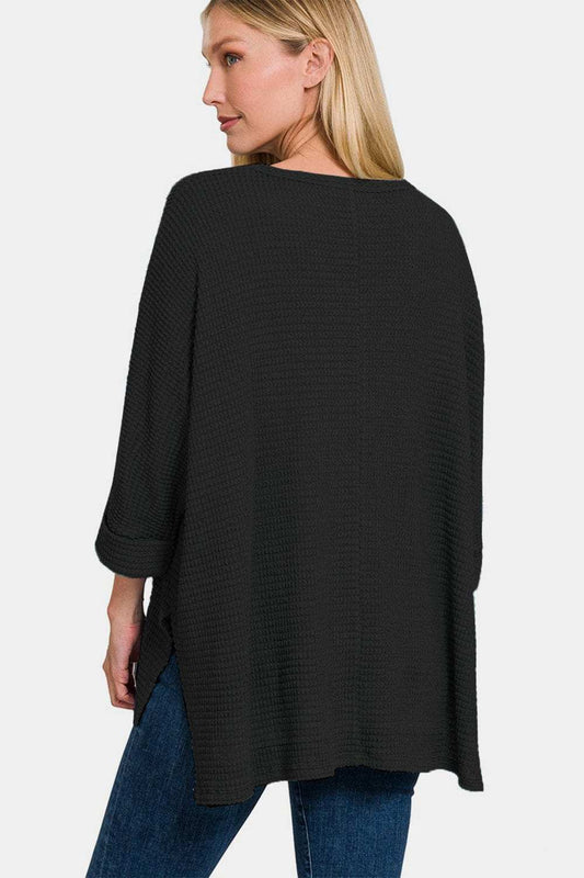 Zenana Full Size Waffle Knit V-Neck Long Sleeve Slit Top - Trendsi - Flyclothing LLC