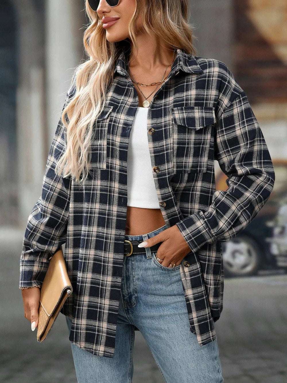 Plaid Button-Down Oversized Shirt - Trendsi - Flyclothing LLC