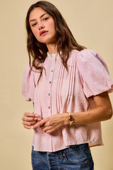 SO ME Gingham Lace Trim Button Bubble Sleeves Blouse - Trendsi - Flyclothing LLC