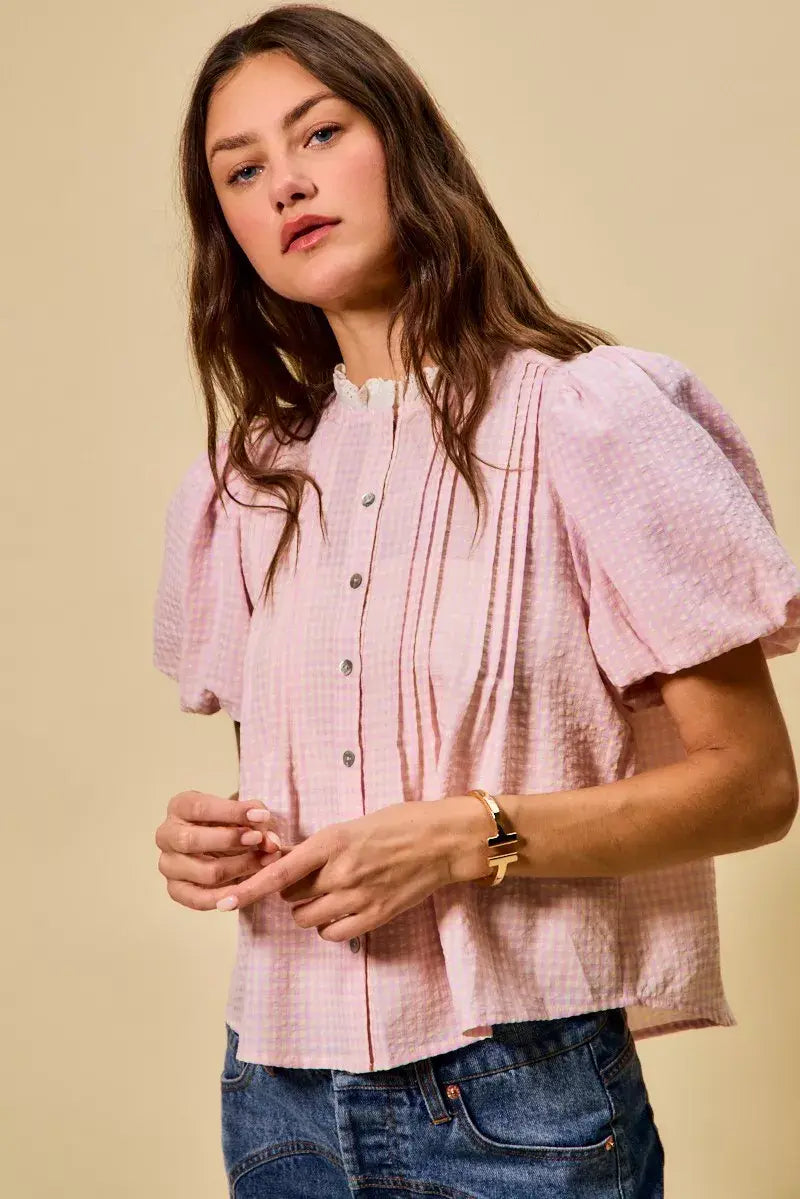 SO ME Gingham Lace Trim Button Bubble Sleeves Blouse - Trendsi - Flyclothing LLC