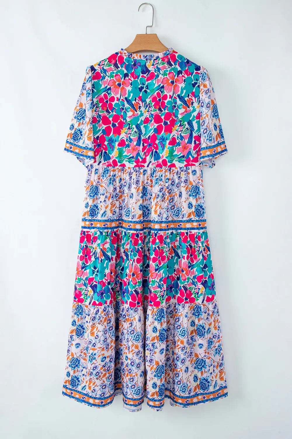 Mixed Floral Print Tie Neck Short Sleeve Dress - Trendsi - Flyclothing LLC