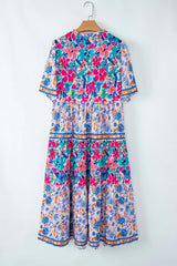 Mixed Floral Print Tie Neck Short Sleeve Dress - Trendsi - Flyclothing LLC