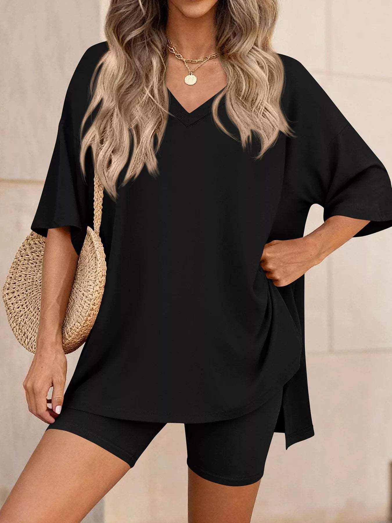 Full Size Casual Loose V-Neck T-Shirt & Shorts Set Plus Size - Trendsi - Flyclothing LLC