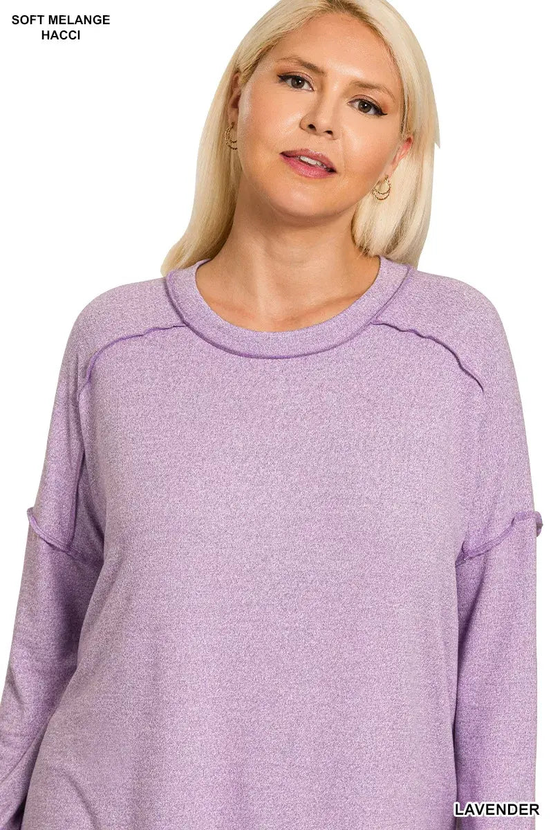 Zenana Full Size Melange Hacci Exposed Seam Hi-low Tee Plus Size - Trendsi - Flyclothing LLC