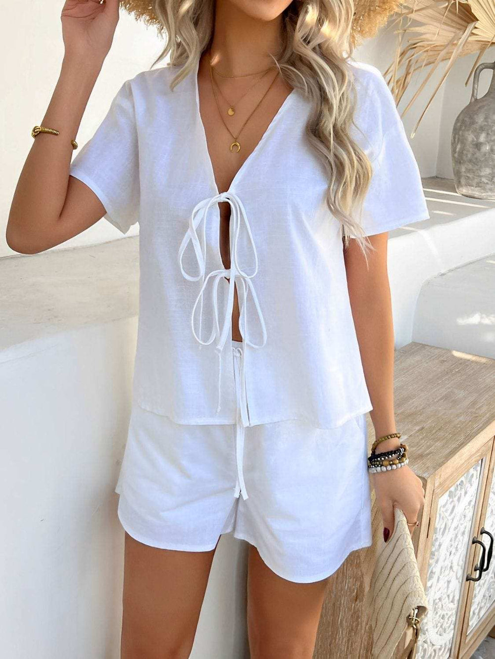 Devine Tied V-Neck Short Sleeve Top and Shorts Set - Trendsi - Flyclothing LLC