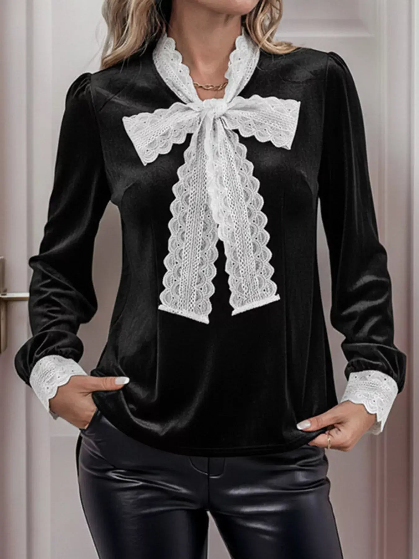 Lace Bow Tie Velvet Blouse - Trendsi - Flyclothing LLC
