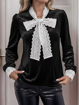 Lace Bow Tie Velvet Blouse - Trendsi - Flyclothing LLC