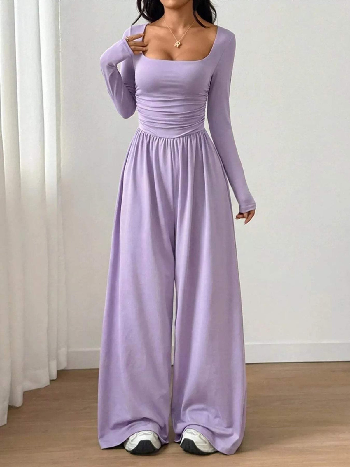 Ruched Square Neck Wide-Leg Jumpsuit - Trendsi - Flyclothing LLC