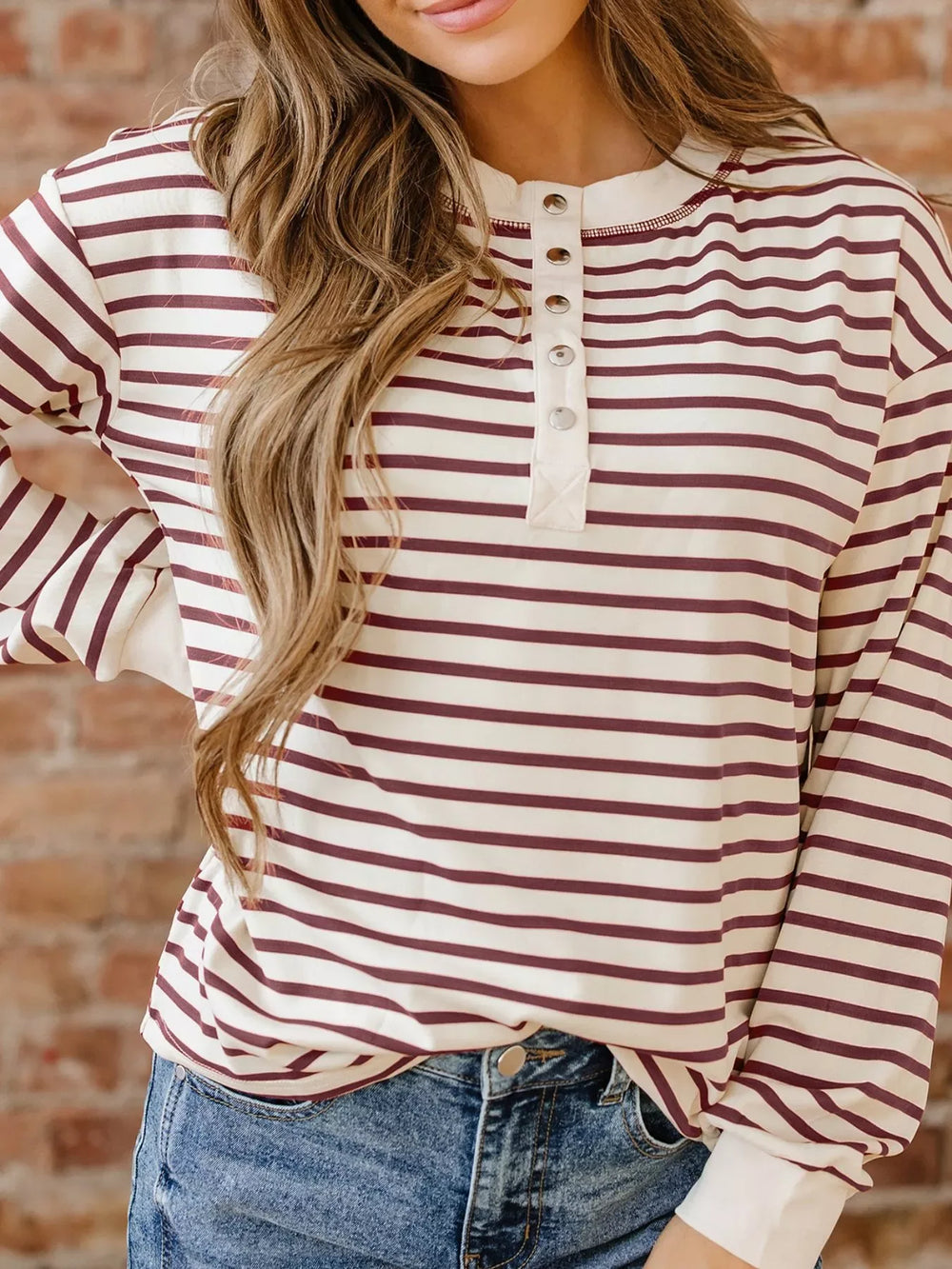 Striped Drop Shoulder Long Sleeve Henley Top - Trendsi - Flyclothing LLC
