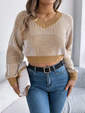 Striped V-Neck Long Sleeve Sweater - Trendsi - Flyclothing LLC