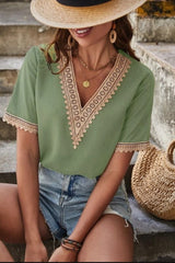 Full Size Lace Detail V-Neck Short Sleeve Blouse - Trendsi