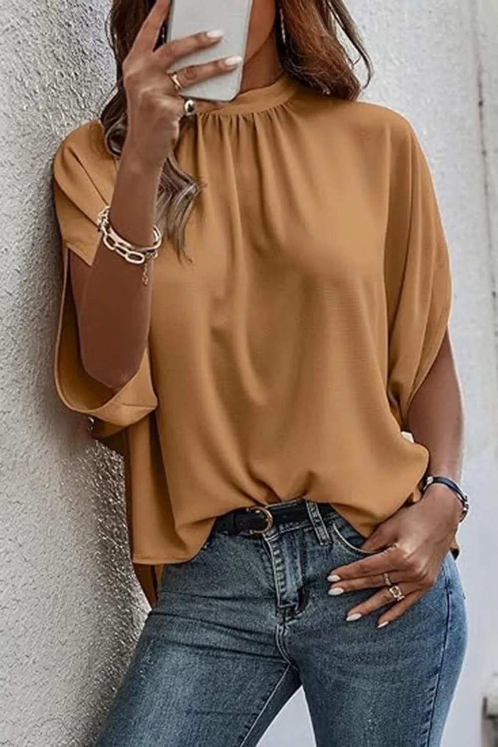Tie Back Slit Half Sleeve Blouse - Trendsi - Flyclothing LLC