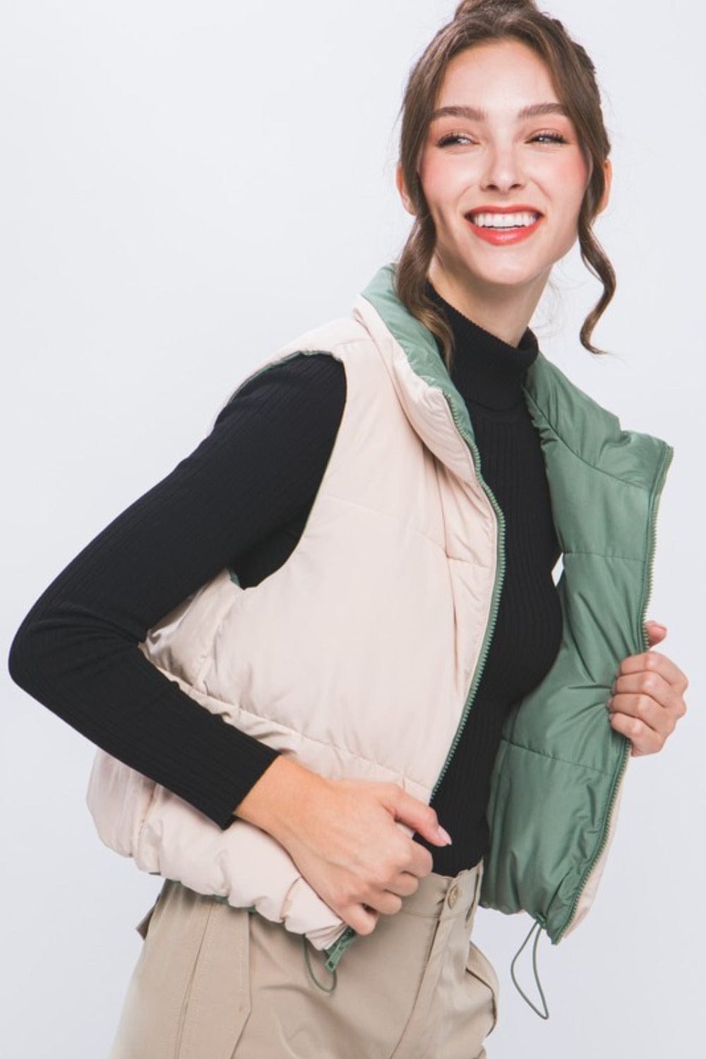 Love Tree Zip Up Cropped Contrast Reversible Vest - Trendsi