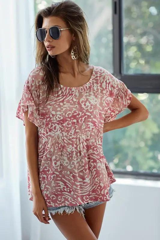 BiBi Leopard Print Gauze Woven Flutter Sleeve Blouse - Trendsi - Flyclothing LLC