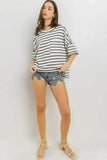 Ces Femme Side Slit Striped Round Neck Half Sleeve T-Shirt - Trendsi