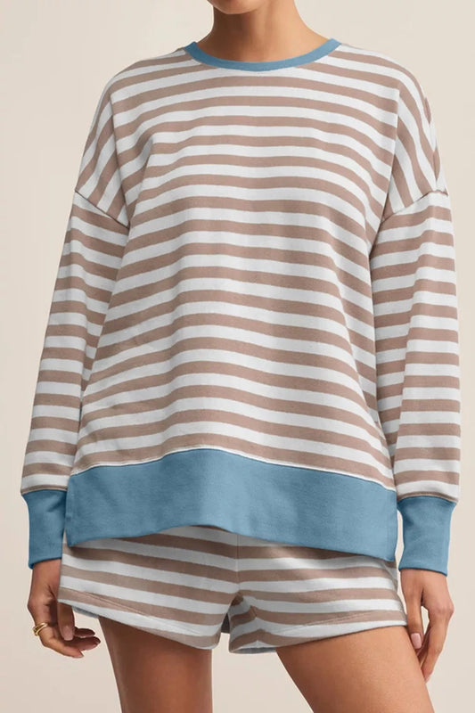 Stripe Color Block Patchwork Oversized Top and Shorts 2pcs Set - Trendsi - Flyclothing LLC