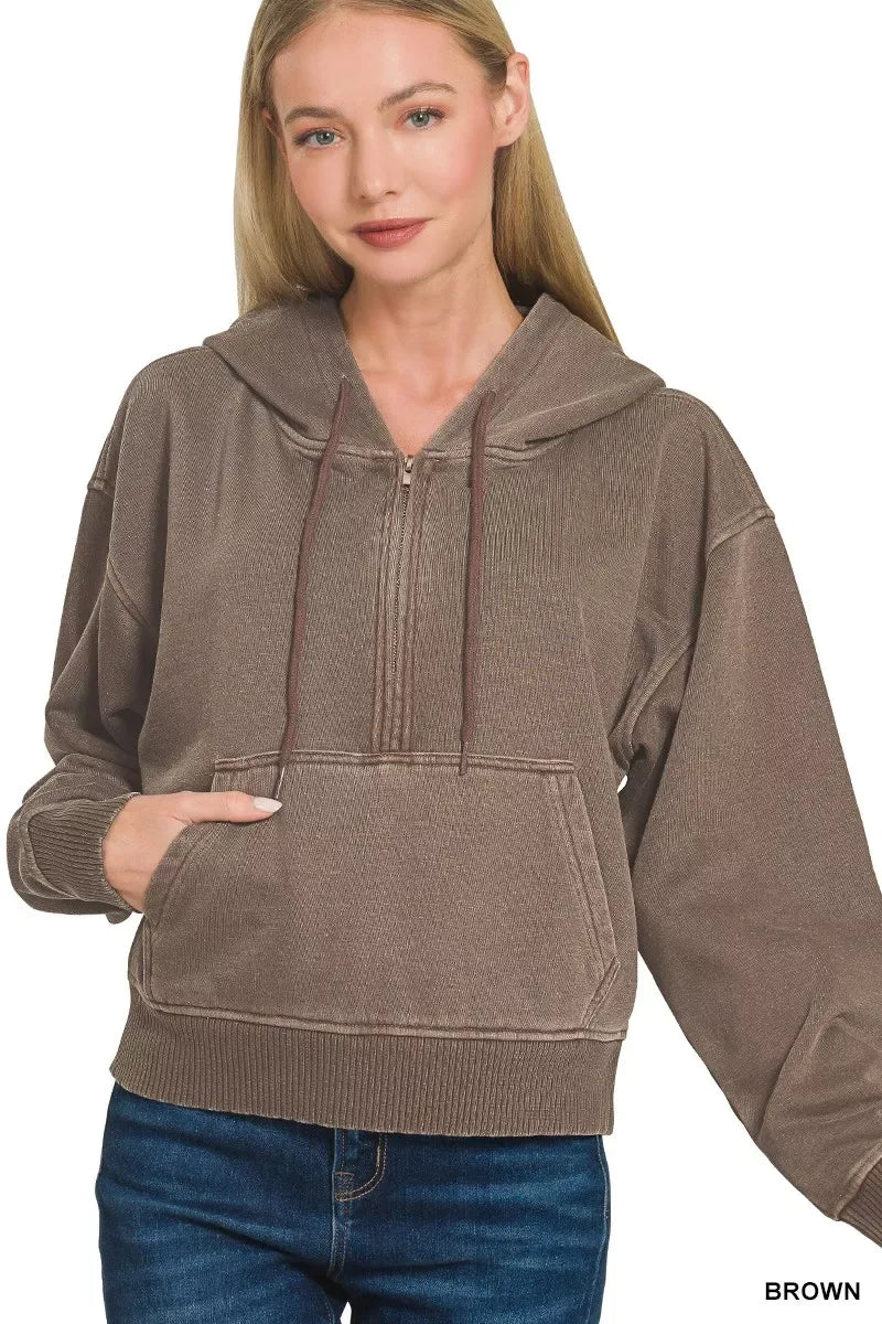 Zenana Fleece Pigment Dye Half Zip Kangaroo Pocket Hoodie - Trendsi - Flyclothing LLC
