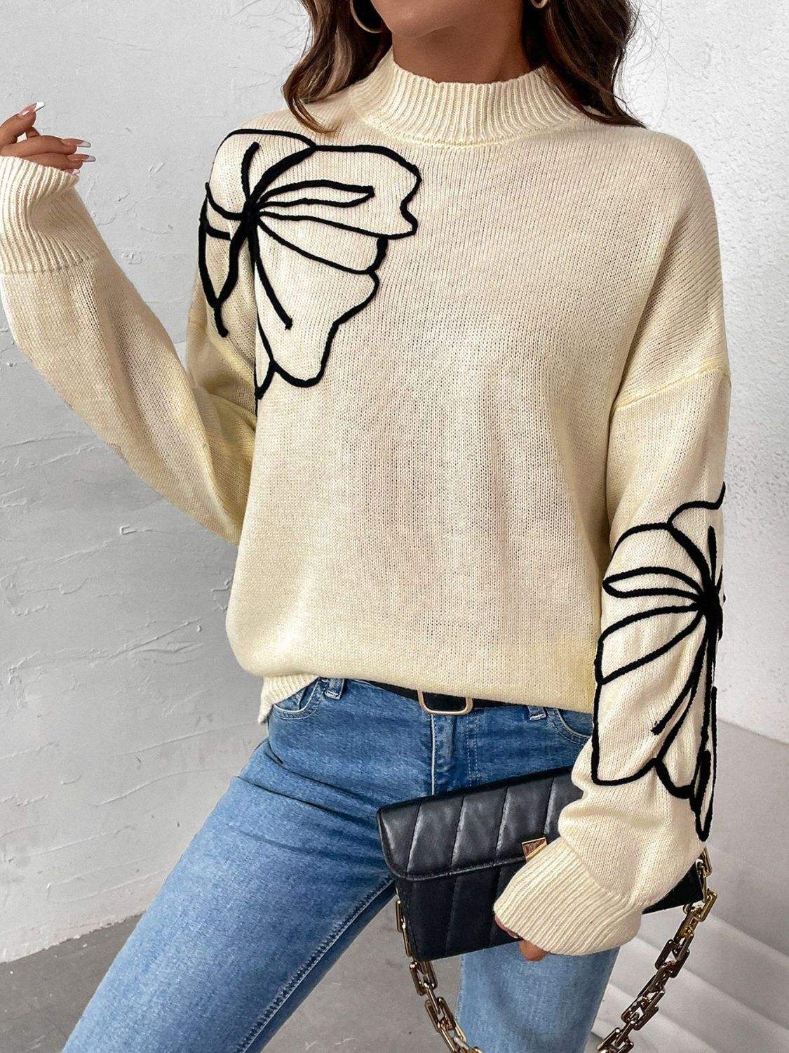 Perfee Mock Neck Dropped Shoulder Long Sleeve Sweater - Trendsi - Flyclothing LLC