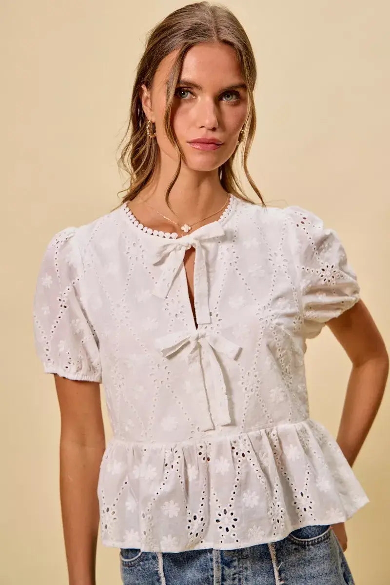 SO ME Cotton Eyelet Front Tie Short Sleeves Blouse - Trendsi - Flyclothing LLC