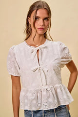 SO ME Cotton Eyelet Front Tie Short Sleeves Blouse - Trendsi - Flyclothing LLC