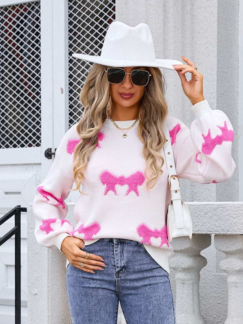 Angel Wings Bow Round Neck Dropped Shoulder Sweater - Trendsi - Flyclothing LLC