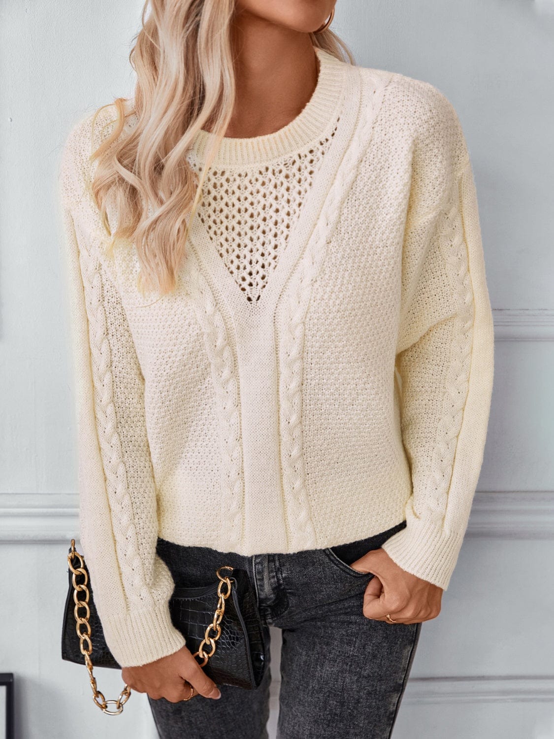 Openwork Cable-Knit Round Neck Long Sleeve Sweater - Trendsi