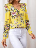 Ruffled Printed V-Neck Long Sleeve Blouse - Trendsi
