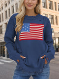 US Flag Distressed Round Neck Long Sleeve Sweater - Trendsi