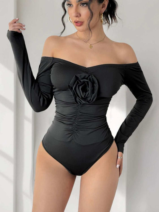Perfee Ruched Flower Off-Shoulder Long Sleeve Bodysuit - Trendsi - Flyclothing LLC