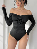 Perfee Ruched Flower Off-Shoulder Long Sleeve Bodysuit - Trendsi