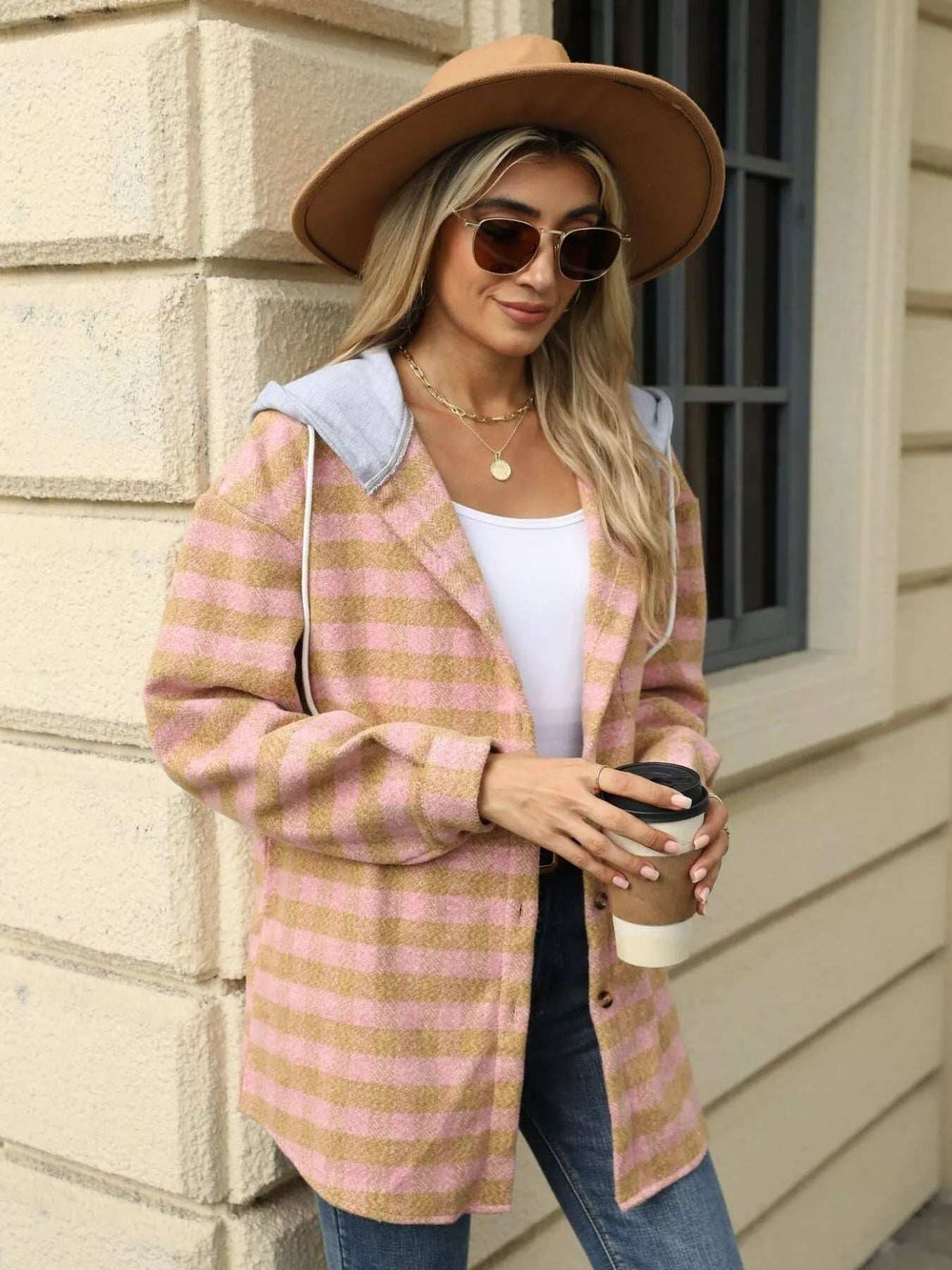 Plaid Button Up Long Sleeve Drawstring Hooded Jacket - Trendsi - Flyclothing LLC