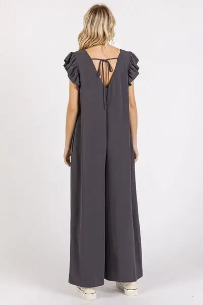 Mittoshop V-Neck Ruffled Cap Sleeve Wide Leg Jumpsuit - Trendsi - Flyclothing LLC