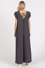 Mittoshop V-Neck Ruffled Cap Sleeve Wide Leg Jumpsuit - Trendsi - Flyclothing LLC