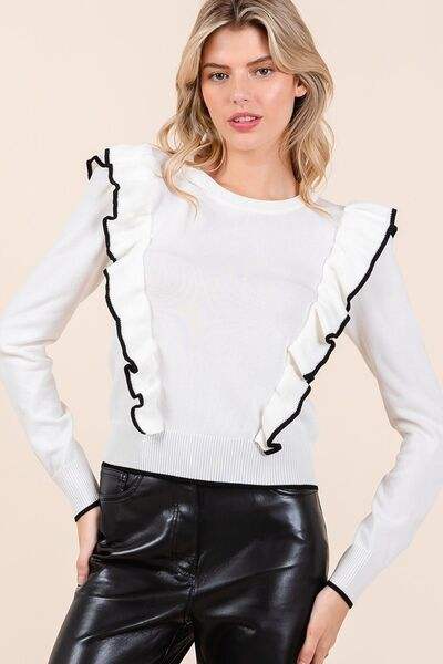 Mittoshop Contrast Trim Ruffled Round Neck Knit Top - Trendsi - Flyclothing LLC
