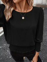 Smocked Waist Round Neck Blouse - Trendsi - Flyclothing LLC