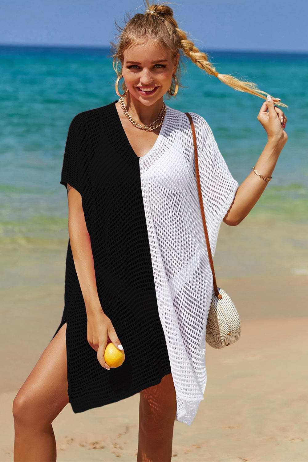 Double Take Openwork Contrast Slit Knit Cover Up - Trendsi - Flyclothing LLC