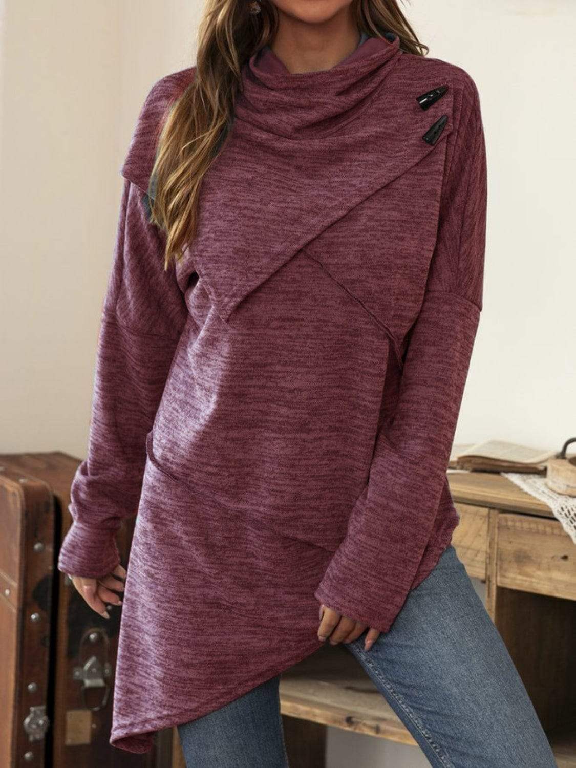 Asymmetrical Hem Cowl Neck Long Sleeve T-Shirt - Trendsi - Flyclothing LLC