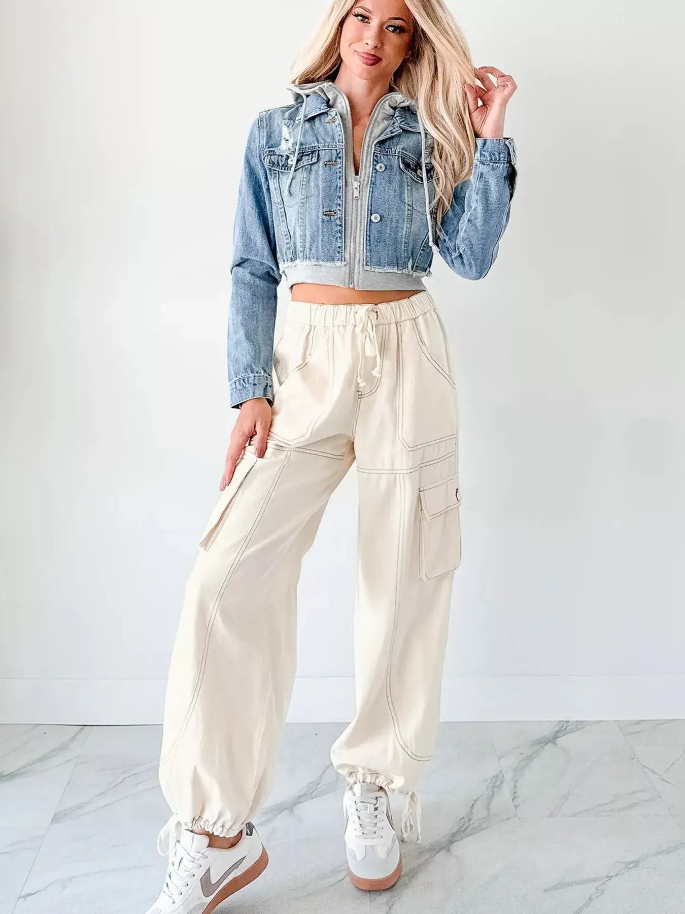 Distressed Zip Up Cropped Hooded Denim Jacket - Trendsi - Flyclothing LLC