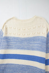 Openwork Striped Knit Long Sleeve Sweater - Trendsi - Flyclothing LLC