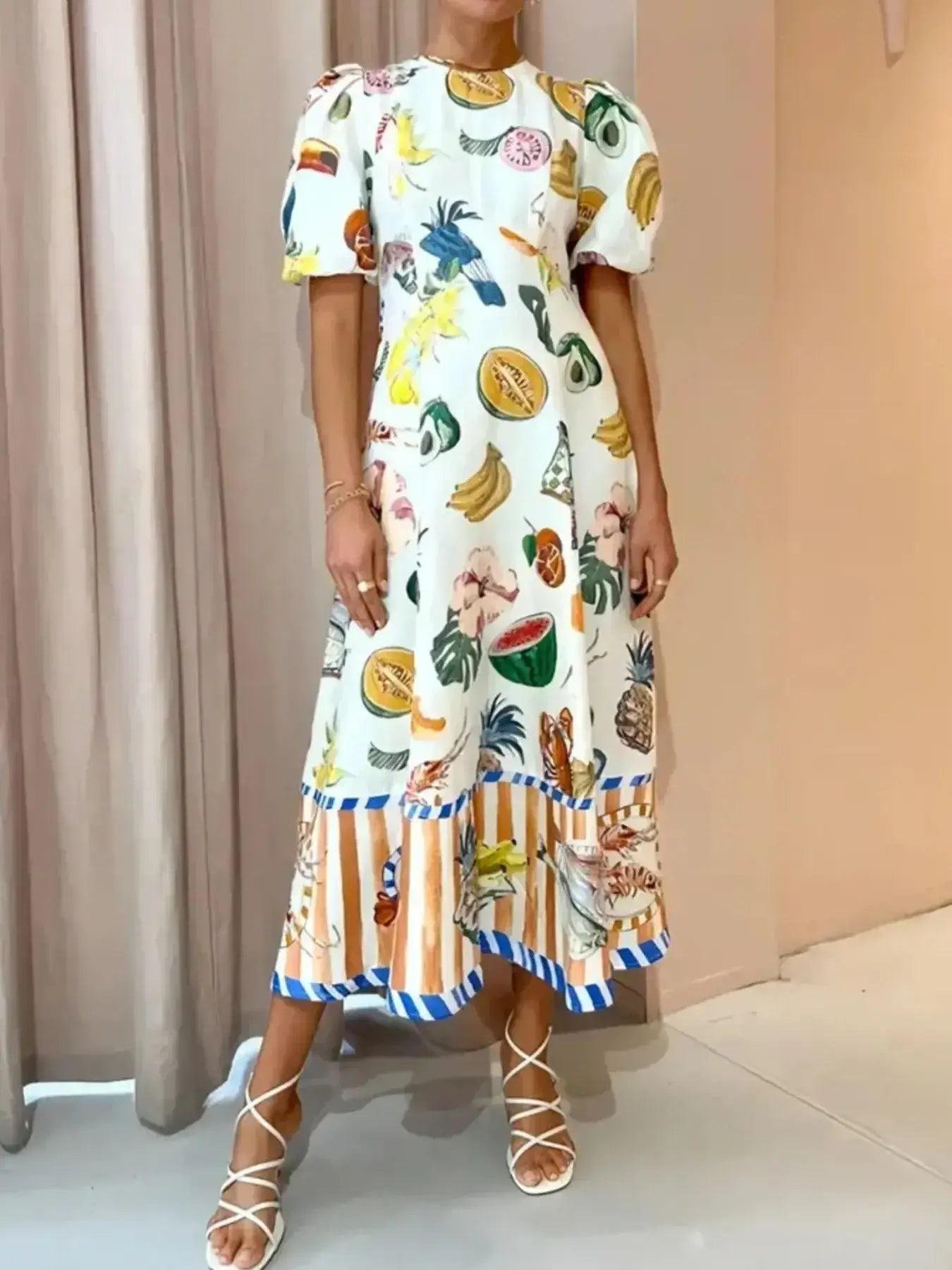 Printed Round Neck Puff Sleeve Dress - Trendsi - Flyclothing LLC