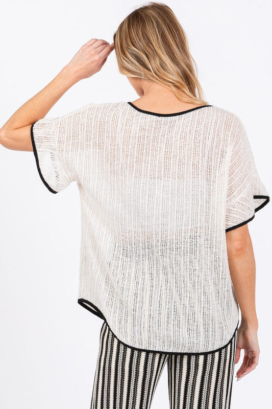 GeeGee Contrast Trim Short Sleeve Knit Cover Up - Trendsi
