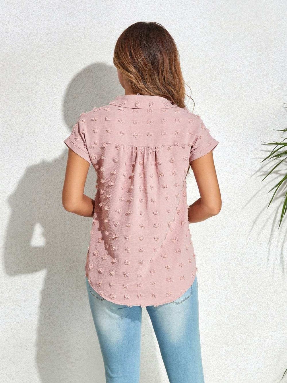 Swiss Dot Button Up Cap Sleeve Shirt - Trendsi - Flyclothing LLC