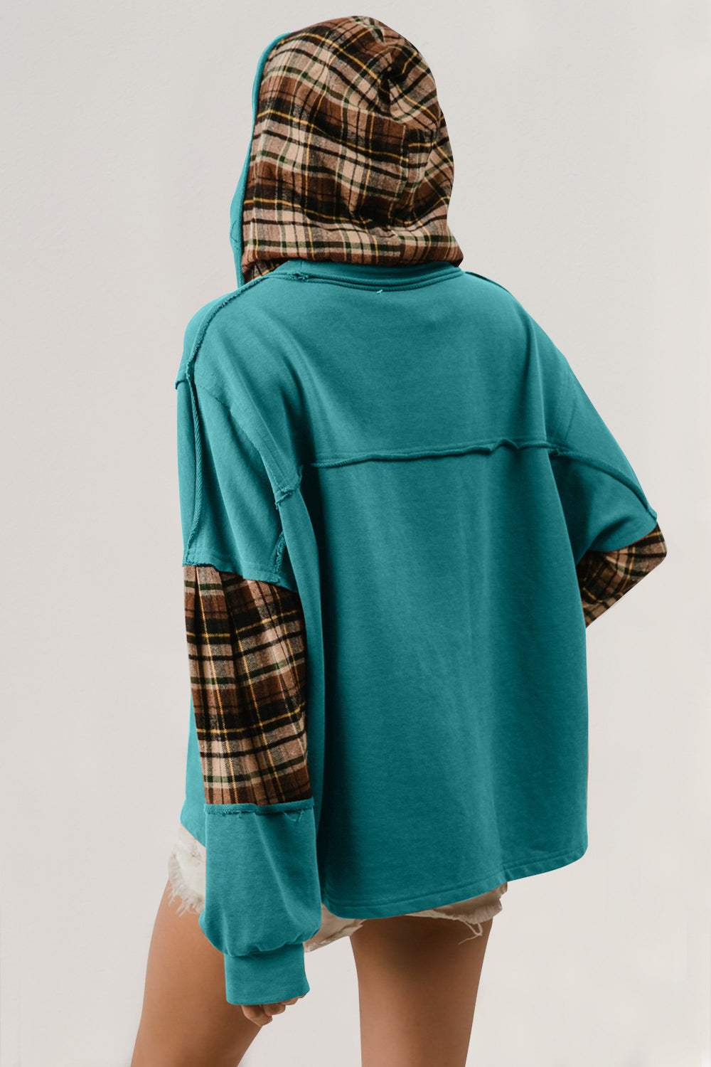 Double Take Drawstring Plaid Star Patch Long Sleeve Hoodie - Trendsi - Flyclothing LLC
