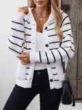 Striped Button Up Long Sleeve Hooded Cardigan - Trendsi