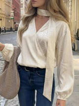 Crocodile-Embossed Surplice Balloon Sleeve Blouse - Trendsi - Flyclothing LLC