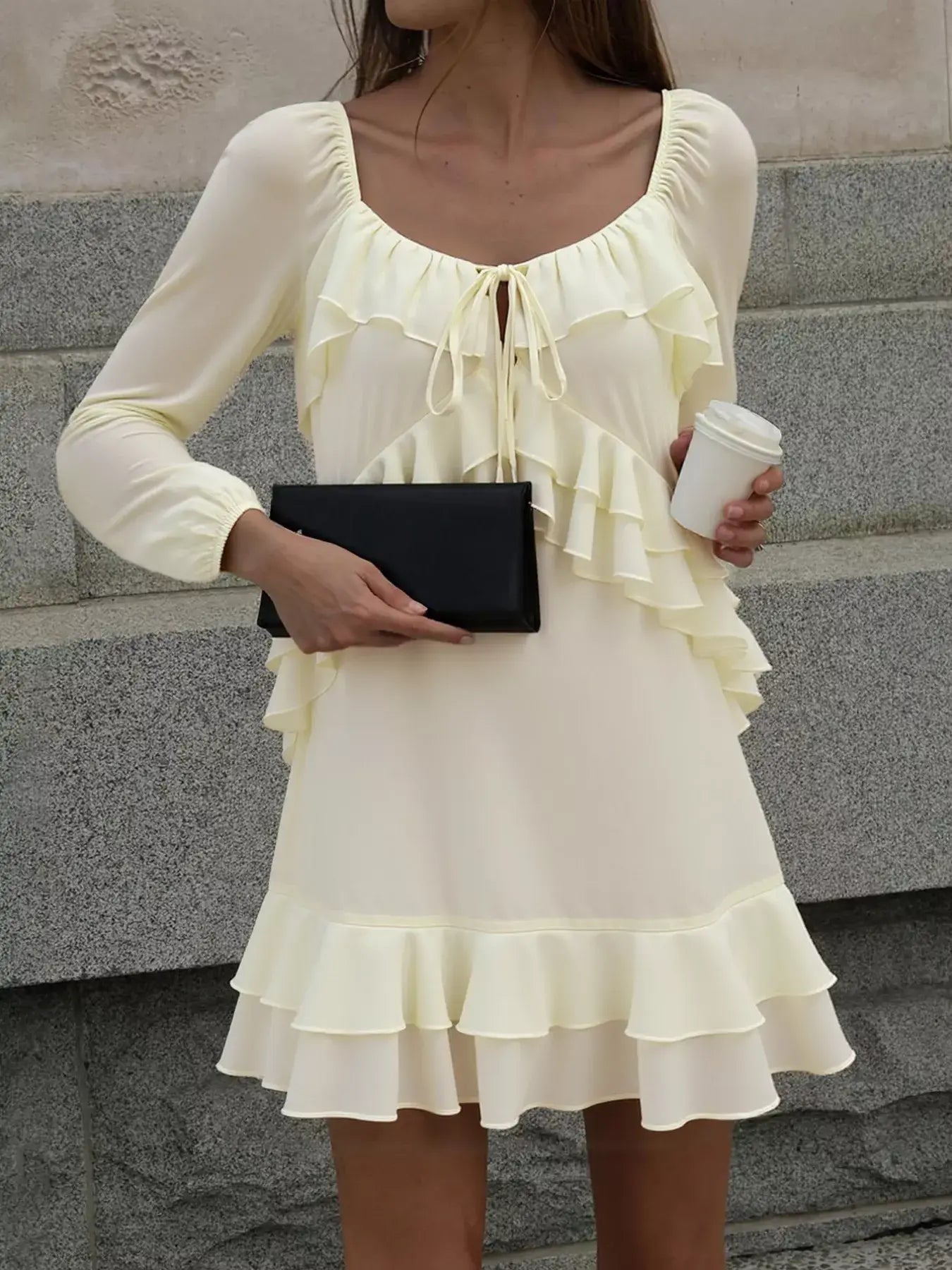 Ruffle Trimmed Long Sleeve Mini Dress - Trendsi - Flyclothing LLC